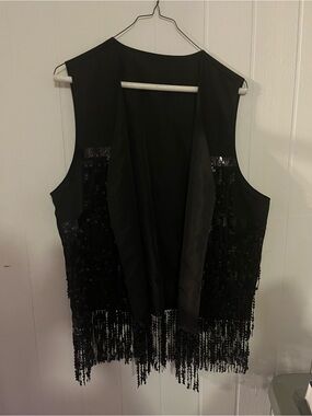 Black Sequin Fringe Open Vest